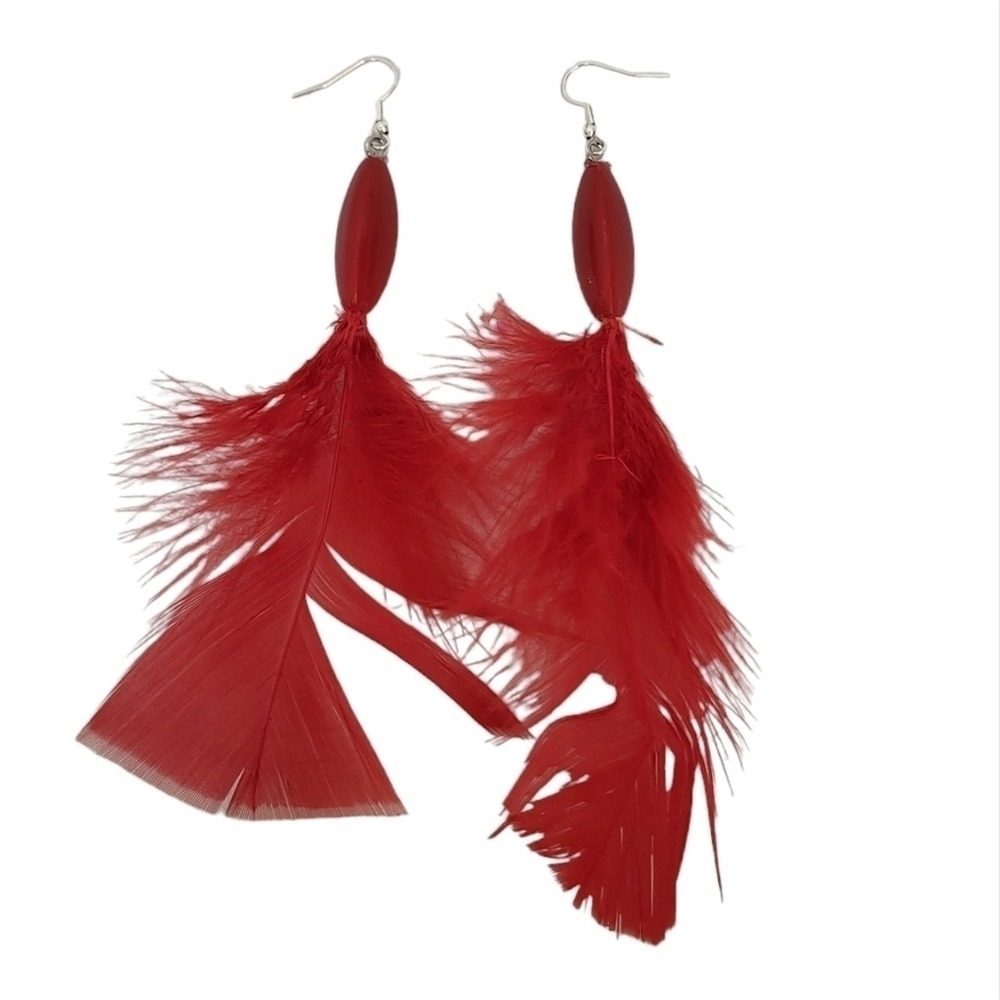 Handmade Plastic Bead Red Feather Earrings